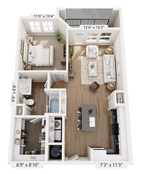Floor plan for 1 bed, 1 bath, 781 sqft
